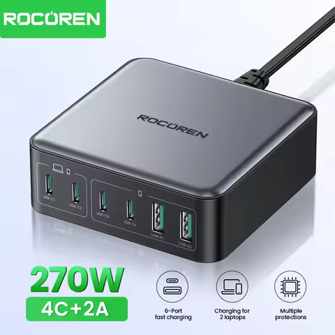 Rocoren 200W GaN Charger PD Fast Charging USB Type C Charger 270W 6 in 1 USBC Power Station For iPho
