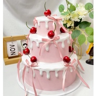 Beautiful cherry pink 3-layer fake cream cake, model cake for photography M234
