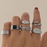 6pcs Oil Drip Plaid Palm-Hug Black Gemstone Ring Set