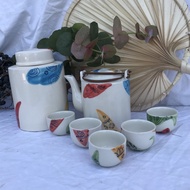 { VIETNAMESE CERAMICS } Hand-painted Ceramic Teapot Set with 3 Lovely Fishes, Pot Size D9*H10/ Cup D