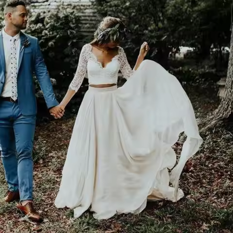 Customized Wedding Dresses 3/4 Long Sleeve A Line White Ivory Chiffon Lace Princess Beach Bride Two 