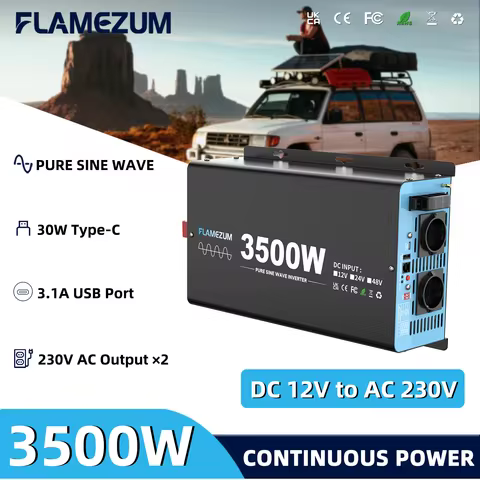 3500W Continuous Power Pure Sine Wave Inverter Peak Power 7000W DC 12V to AC 230V 50HZ EU Socket LCD