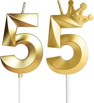 Golden Birthday Candle 55 with Crown - Gold Candles Birthday Cake Decoration, Golden Number Candle f