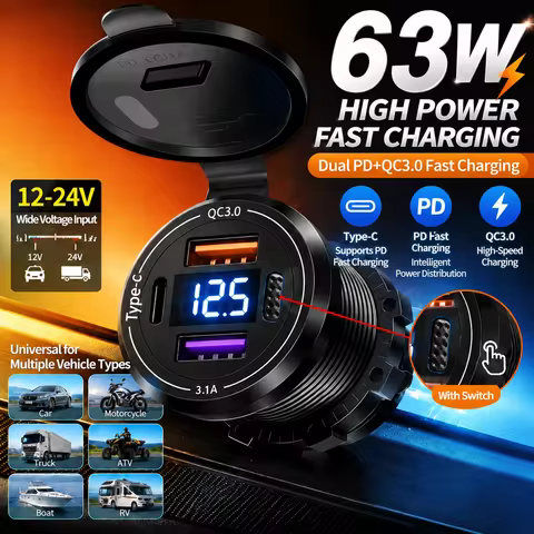 63W Type-c Fast Car Charger with Voltage Display, 12-24V Universal Modified Power Adapter with Switc