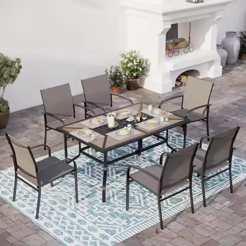 61" Patio Dining Table for 6,Teak Color Rectangle Patio Table with Umbrella Hole,E-Coating, Customiz
