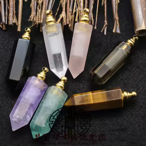 Natural Gems Stone Faceted Prism Perfume Bottle Pendants Necklace,Cut Hexagon Points Crystal Essenti