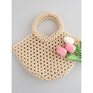 🌊White Pearl Woven Tote Bag with Flower Accent for Wedding Guest Elegant Handbag