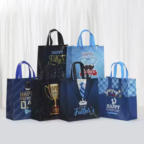 6Pcs Father's Day Gift Bag Happy Fathers Day Nonwoven Fabric Bag with Handle Black Tie Men Birthday 