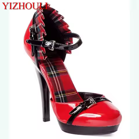 Plaid cloth decoration, black lacquer heel 13 cm high heels, big size fashion stage show pole dancin