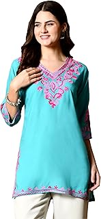 Women's Embroidered Kashmiri Tunic Top, Short Kurti on Jeans, V-Neck, 3/4 Sleeve, Floral Design
