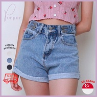 [RESTOCK 9] Purpur Women Bottoms Vanny High Waisted Denim Double Bottom Sewn Cuffed Hem Shorts Light