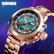 SKMEI Men Casual Luxury Stainless Steel Watches Men Digital Quartz Dual Display Watch Water Resistan