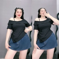 Áo Trễ Vai Tay Ngắn Nữ Dáng VừaÁo Thun Kiểu Lệch Vai Vạt Chéo Thời Trang Bigsize Cô Nhỏ G213