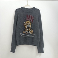 GANNI Autumn Winter Gray Wool Blend Tiger Print Knit Sweater for Women