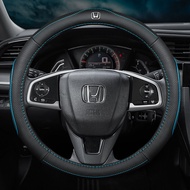 Honda Car Steering Wheel Cover Leather (Blue Lining) Non-slip Breathable Logo Accessories 38cm for Accord City Civic Brio CRV HRV Jazz Odyssey Vezel Stream CRZ Jade Mobilio URV Greiz Fit Freed GK5