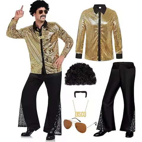 60s 70s Hippie Halloween Costume Sequins Pants Shirt Tops Bell Bottom Men's Flared Trouser Adult Dis