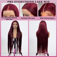 200% Density 34 Inch 13*4 Straight HD Lace Front Wig #BUG Wine Red Color - Real Hair Lace Closure Wi