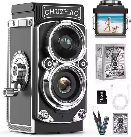 Vintage TLR Style Digital Camera, 12MP Autofocus 1080P FHD, Portable Point & Shoot with 16GB Card fo