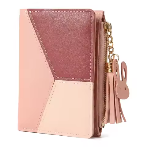 Pomelo Best Mini Color Block Wallet Women PU Leather Rabbit Tassel Zipper Card Purse