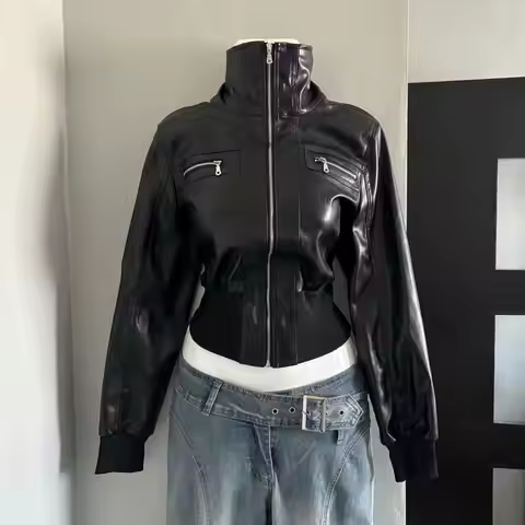 Edgy Black PU Leather High Collar Jacket Women Zip Up Cropped Bomber Rivet Sleeves and Multiple Pock