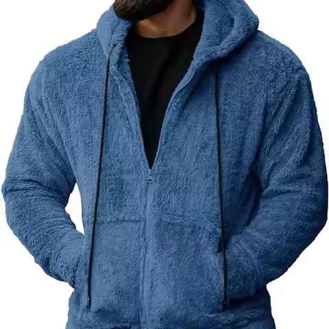 7 Color Option Men Fleece Hoodie Coats Autumn Winter Tie Collar Pocket Soft Flurry Fleece Zip Up Swe
