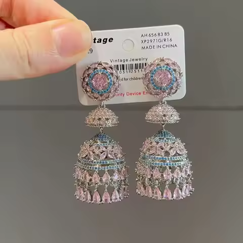Luxury New Dangle Earrings With Color Stones Creative Fashion Blue Pink Zircon Knot Tassel Earings
