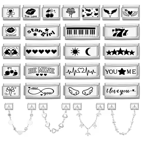 Laser Engraving Piano Heart Star Wings NO.7 Lips Italian Charm Links Fit 9mm Bracelet Stainless Stee