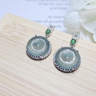 |夢幻藍釦|A貨翡翠冰玻藍起螢光平安釦13.8mm純銀鍍18k耳環