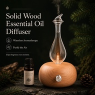 Waterless Essential Oil Diffuser, Natural Wood Aroma Nebulizer with Hand-Blown Glass, Timer Auto Shu