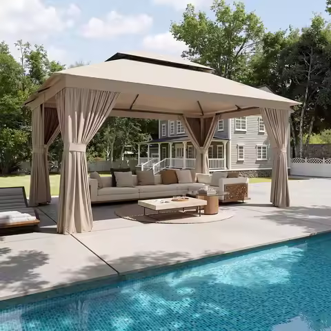 Aoxun 12x10 Heavy Duty Gazebo with Curtain and Mosquito Netting Double Roof Patio Tent Zipper Screen