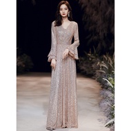Queen Luxury Formal Long Trumpet Sleeve Event Dinner Dress Muslimah Women Girl Sequin A Line Rose Go
