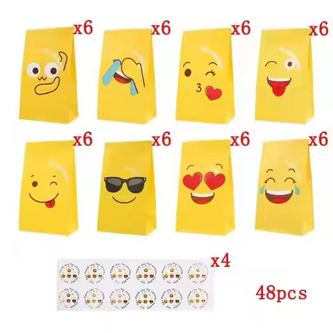 24/48Pcs Emoji Paper Goodie Bags with Stickers Birthday Party Supplies