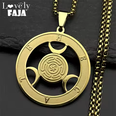 Wicca Triple Moon Goddness Hekate Wheel Stainless Steel Pendant Necklace Strophalos Hecate Magic Sym