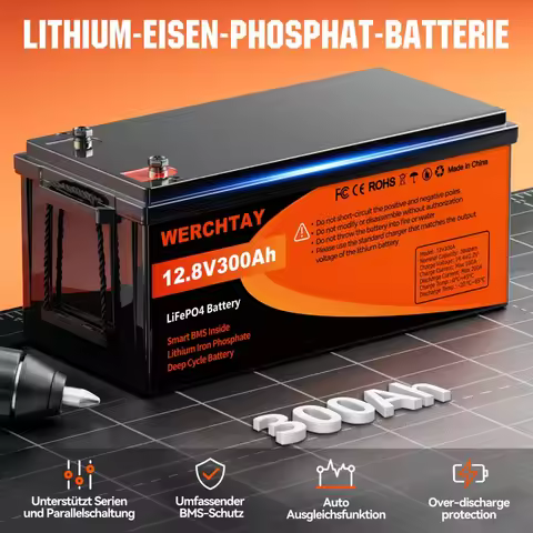 WERCHTAY 12V Lithium Battery 300AH Nominal Capacity 3840W LiFePO4 Battery With BMS Solar Portable Re