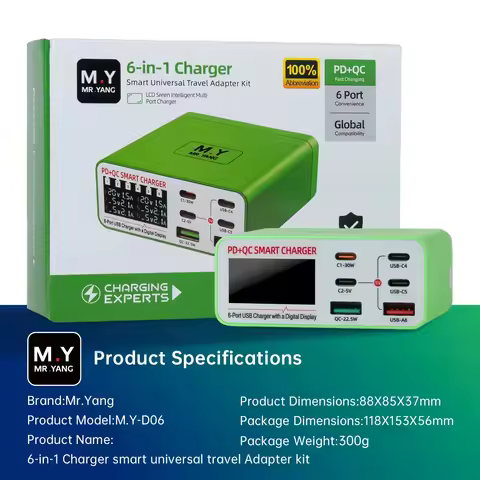 YCS M.Y-D06 6-in-1 Universal PD+QC Smart Charger 6-Port USB Charger with Digital Display for Mobile 
