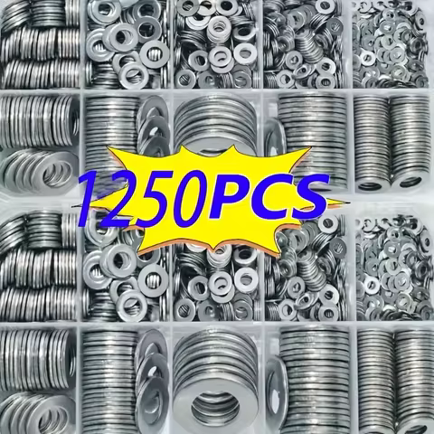 1250pcs Flat Washer Kit (M2, M2.5, M3, M4, M5, M6, M8, M10, M12) for Home Decor, Factory Repair, Kit