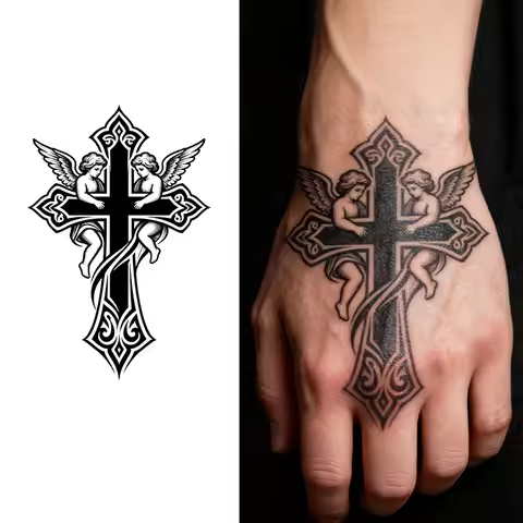 Cross & Angel Temporary Tattoo, Herbal Semi-Permanent Waterproof 7-15 Days, Mystical Religious Fake 