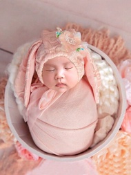 嬰兒女孩兔子風格攝影服裝套裝,配長耳帽和包巾