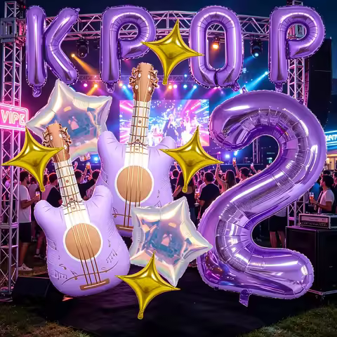 Purple Guitar Balloon Set, K-pop Music Birthday Party Decoration, with Golden Four-Pointed Stars, 32