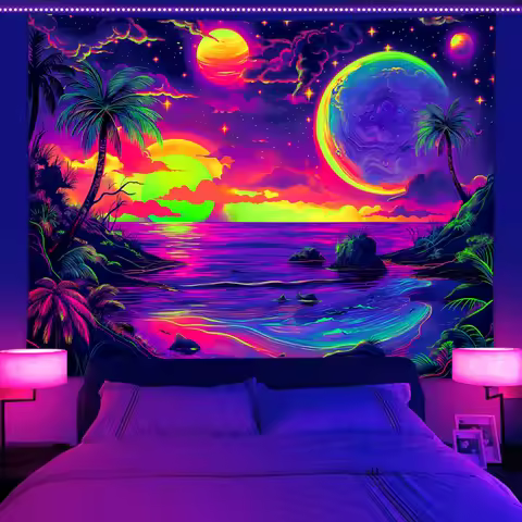 1pc UV reactive tapestry, beach coconut tree starry sky universe sunset tapestry, room living room a