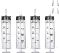 4 Pack 200mL Syringes with Tip Adapter, Large Plastic Garden Syringe for Liquid, Scientific Labs, Pe