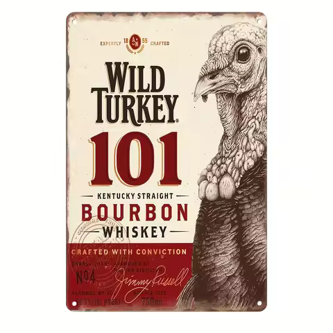 Vintage "Wild Turkey 101 Bourbon Whiskey" Metal Sign - Art Deco Style, Reusable Retro Wall Decor for