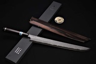 🇯🇵🔥二唐 暗紋 大馬 青二鋼 先丸柳刃 360mm + 頂級黑檀綠松刀鞘🔥 日本高級廚刀