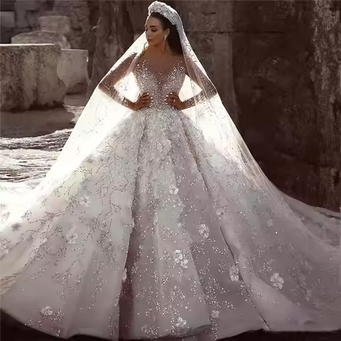 Customized Luxury Dubai Arabic Beading Princess Wedding Dress Lace Floral Ball Gowns Long Sleeves Br