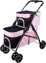 Double Pet Strollers for 2 Dogs Cats 4 Wheel Doggie Small Medium Pets Strolling Cart with Safety Belts Folding Portable Storage Basket Travel Jogger 10KG/22Lbs 20KG/44Lbs Capacity (Color : Pink)