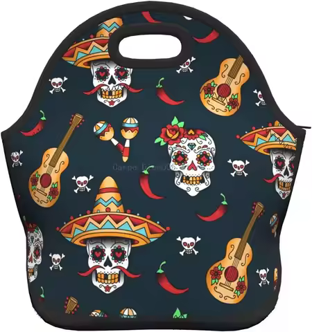Mexican Skull Neoprene Lunch Bag/Lunch Box/Lunch Tote/Picnic Bags Insulated Cooler Travel Organizer 