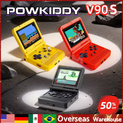 Powkiddy V90S Retro Game Console Black Version 3-inchIps Screen Flip Handheld Console Children's Gif