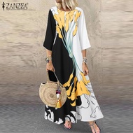 【Clearance Sale】ZANZEA Womens 3/4 Sleeve Vintage Printed Floral Casual Loose Kaftan Maxi Long Dress