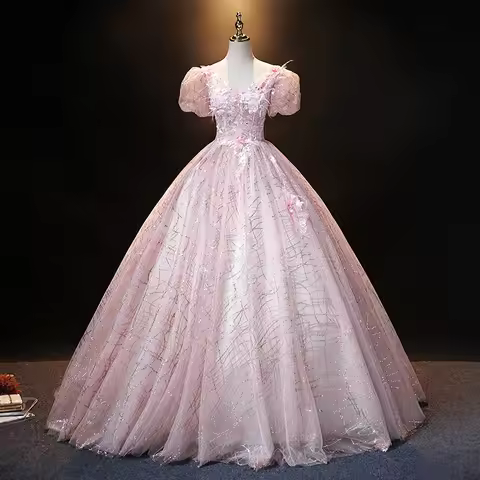 Customized Elegant Pink Ball Gown Women Evening Dresses V-Neck Appliques Prom Party Gowns Formal Ves
