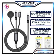 Original Awei Cable Type C To Type C 100W Fast Charging Type C To iPhone 10W Watch Charge 2.5W Cabel 1.2 Meter Cables